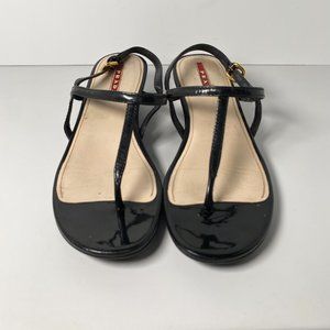 Prada Patent Leather Thong Sandals 36.5 Black Low Demi Rossa Wedge Flats